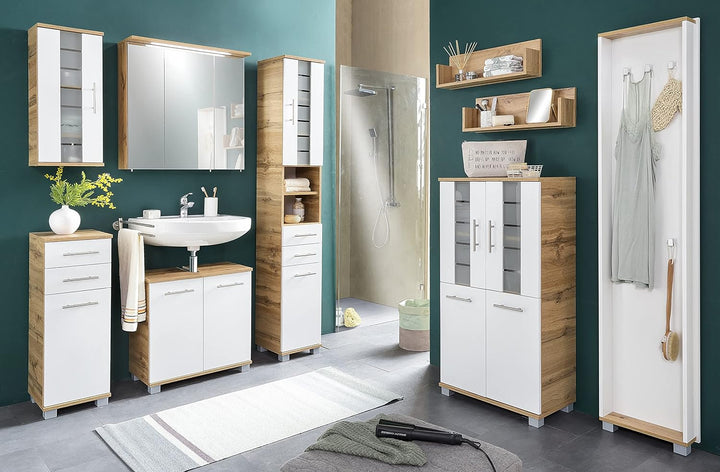Schildmeyer Nitro Highboard 144227, Holzwerkstoff, Eiche Landhaus Dekor/weiss matt, 30,3x32,6x88,6 c
