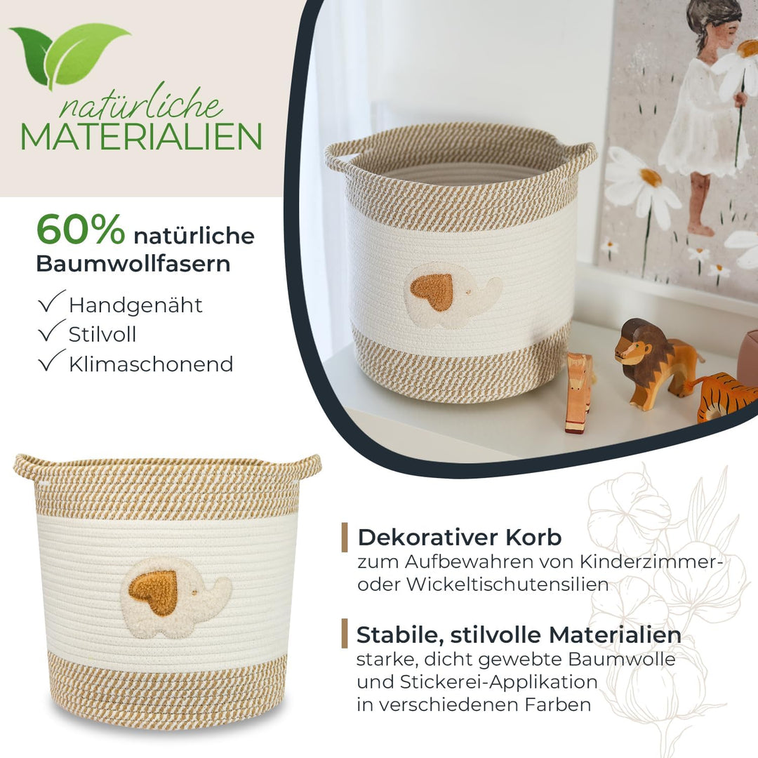 HMF Aufbewahrungskorb mit Griffen, Korb für Kinderzimmer aus Baumwolle | Elefant | 30,5 x 30,5 cm