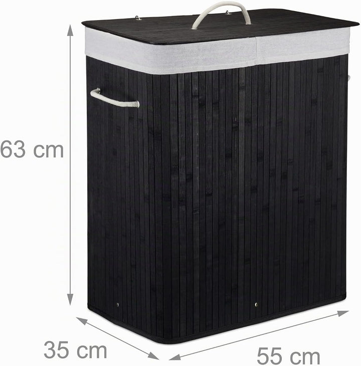 Relaxdays Wäschekorb Bambus mit Deckel, rechteckiger Wäschesammler, 2 Fächer, 95 l Volumen, faltbare