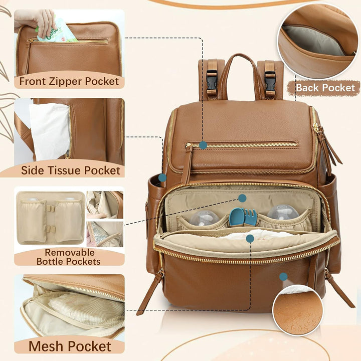 Omanmoli Wickeltasche, Rucksack, Baby-Wickeltasche, Leder, mit 17 Wickeltaschen Kunstleder-congac, K