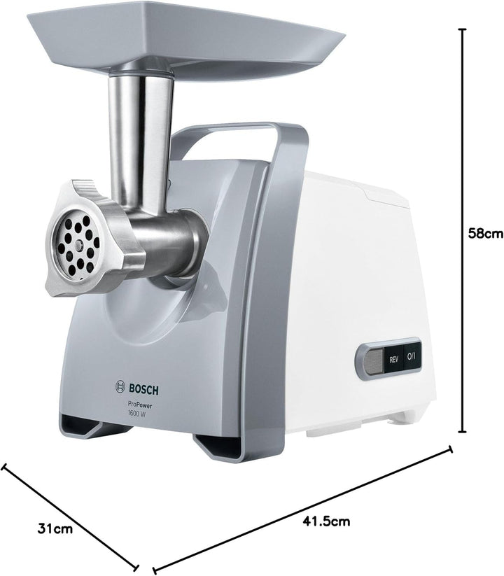 Bosch Fleischwolf CompactPower MFW45020, elektrisch, Wurstaufsatz, Edelstahl Loch-Scheiben 3,8mm + 8