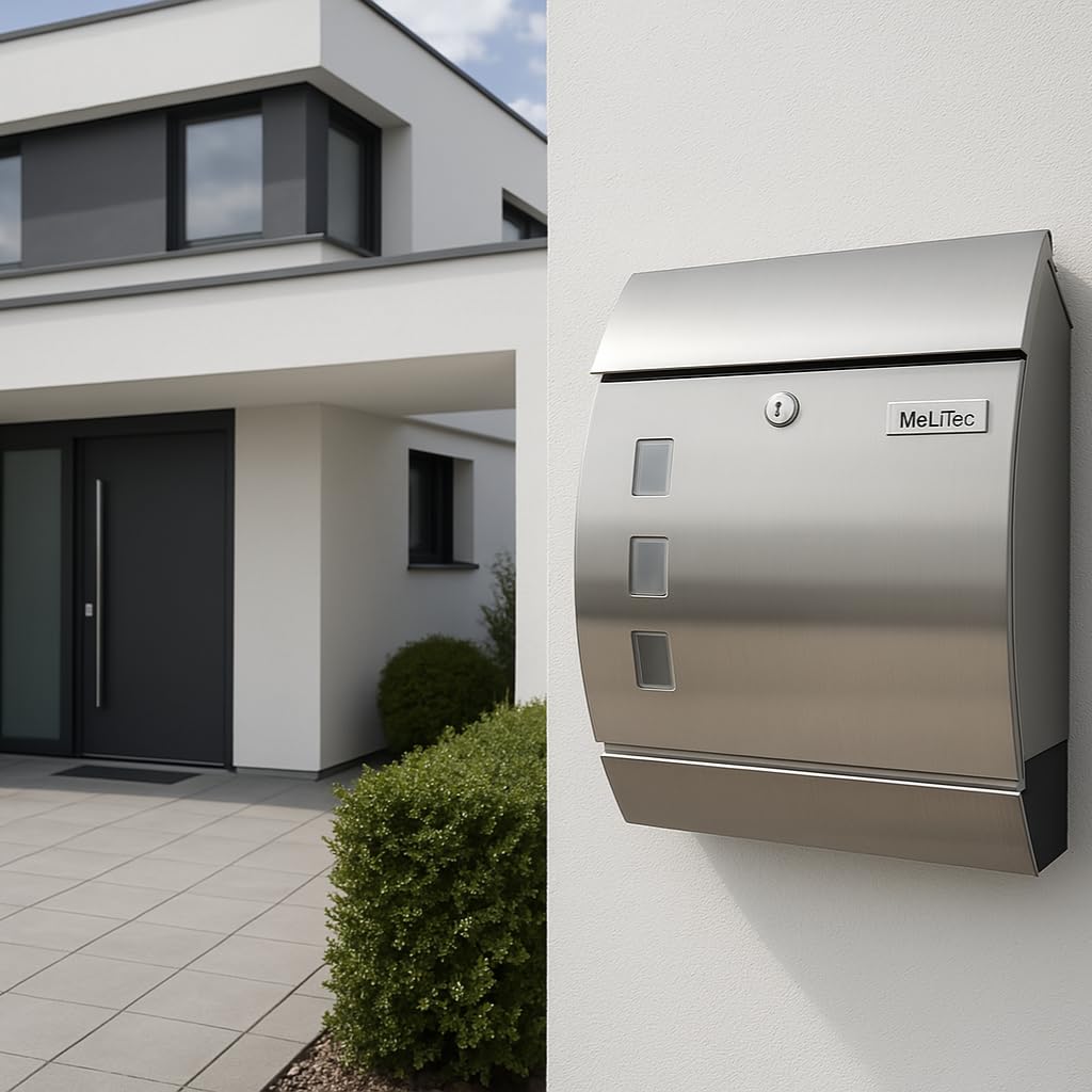MeLiTec Edelstahl Briefkasten Modell P mit Zeitungsfach und Namensschild, matt, Modell P