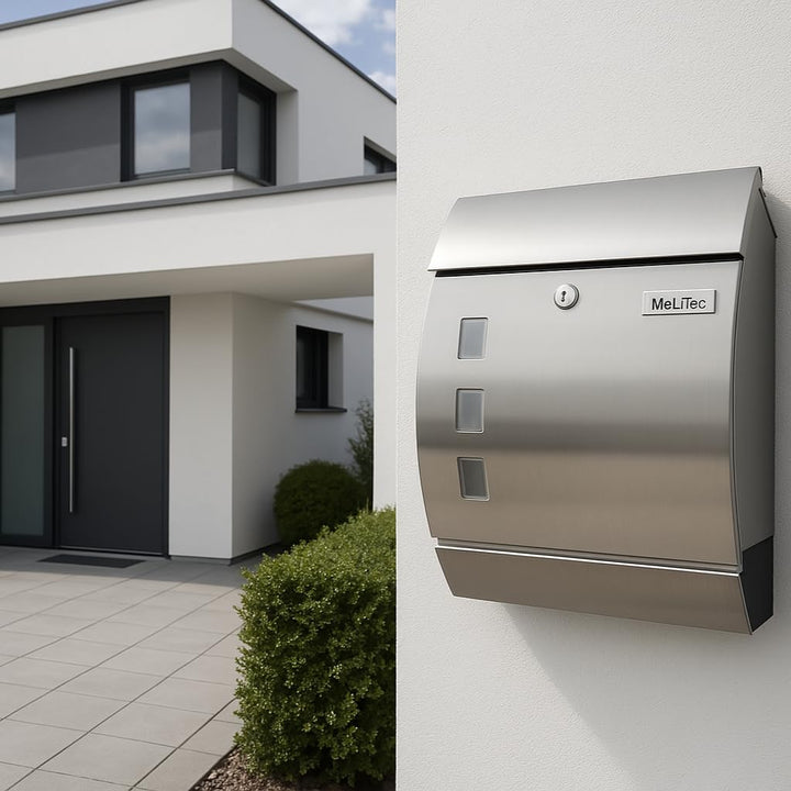 MeLiTec Edelstahl Briefkasten Modell P mit Zeitungsfach und Namensschild, matt, Modell P