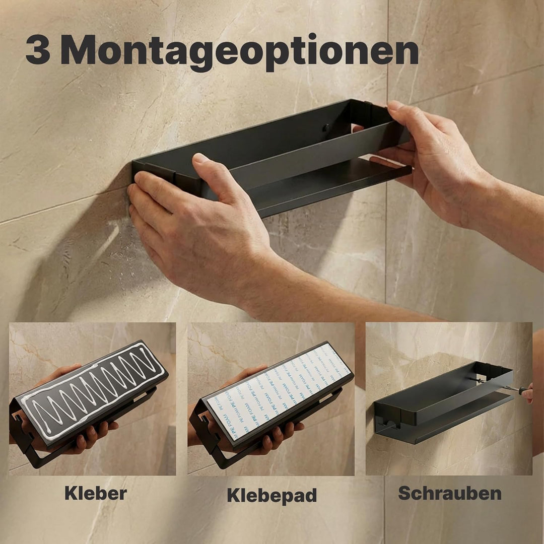 Minismus Duschablage ohne Bohren Schwarz, Duschregal mit Sicherheitsleiste und Haken, Wandregal ohne