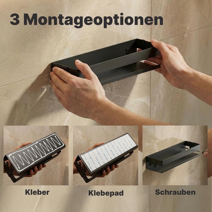 Minismus Duschablage ohne Bohren Schwarz, Duschregal mit Sicherheitsleiste und Haken, Wandregal ohne