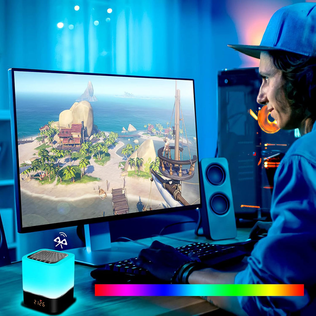 Nachttischlampe mit Wecker, Bluetooth-Lautsprecher, Dimmbarer RGB-Farbwechsel, Tragbarer Bluetooth-L