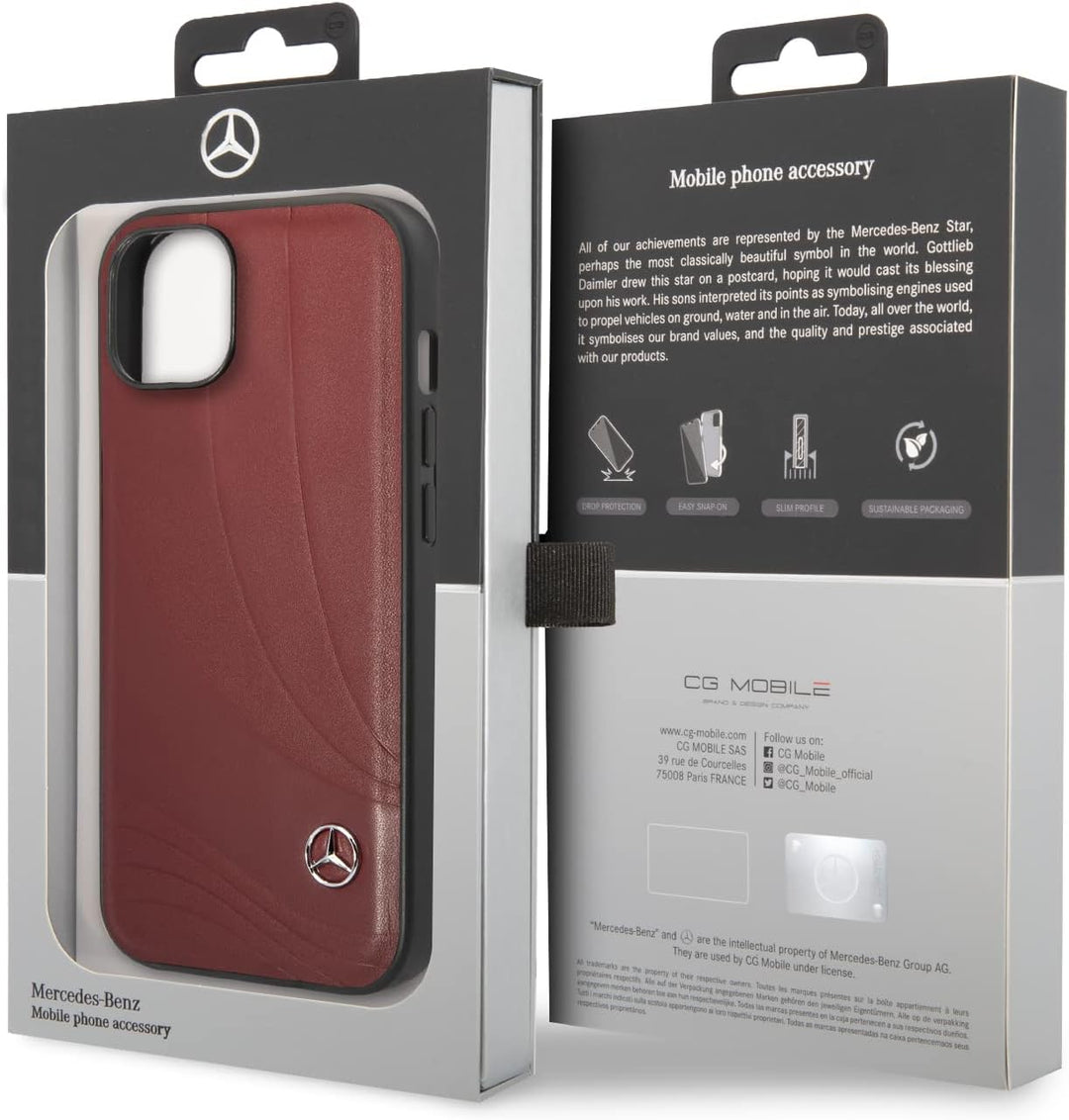 CG MOBILE Mercedes-Benz Schutzhülle für iPhone 14 Plus in Rot Wellenmuster, Echtleder Schutzhülle La