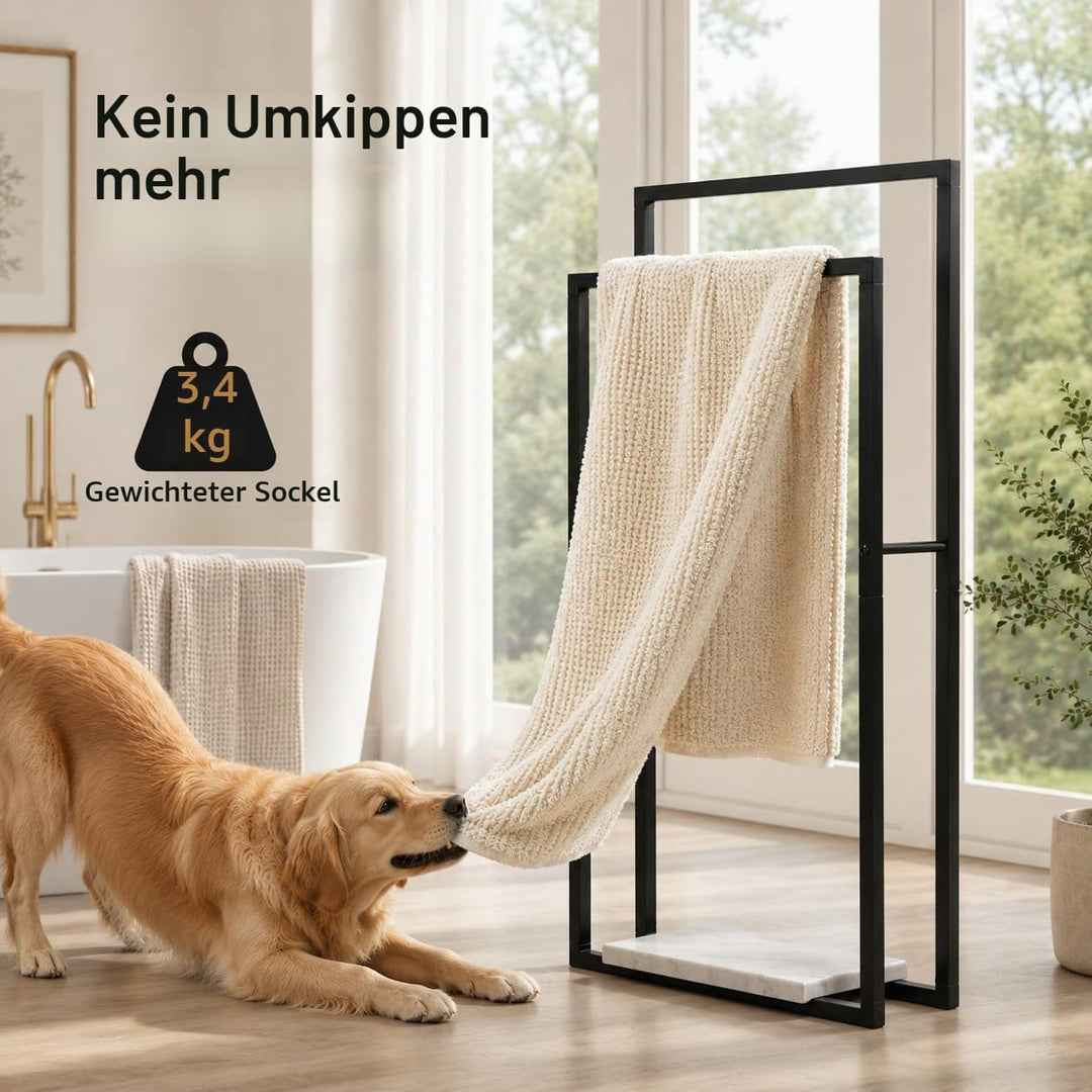KES Handtuchhalter Stehend Schwarz, Doppel Handtuchständer Marmor Badetuchhalter Freistehend Metall