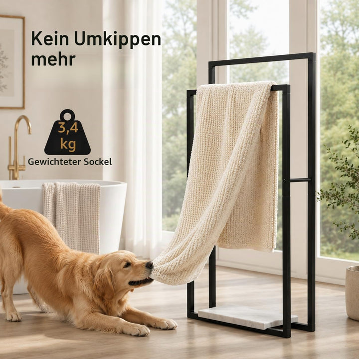 KES Handtuchhalter Stehend Schwarz, Doppel Handtuchständer Marmor Badetuchhalter Freistehend Metall