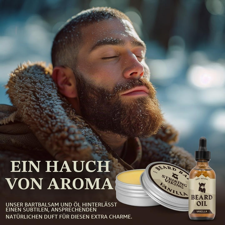 Striking Viking Bartpflege-Set mit Bartbalsam &amp; Bartöl - 30 g / 30ml, Vanille - Bartöl mit Duft - Zä