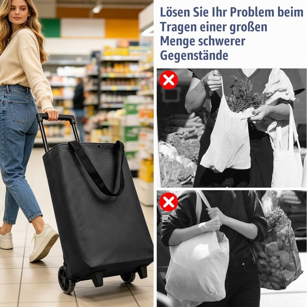 Einkaufstrolley Treppensteiger, Trolly Einkaufswagen Klappbar, 30L Grosse Einkaufstasche auf Rollen,