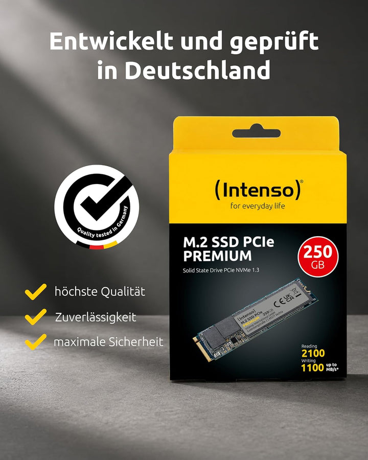 Intenso 250GB M.2 SSD PCIe Premium, bis zu 2100 MB/s, (PCI Express Gen.3x4 NVMe 1.3, Solid State Dri