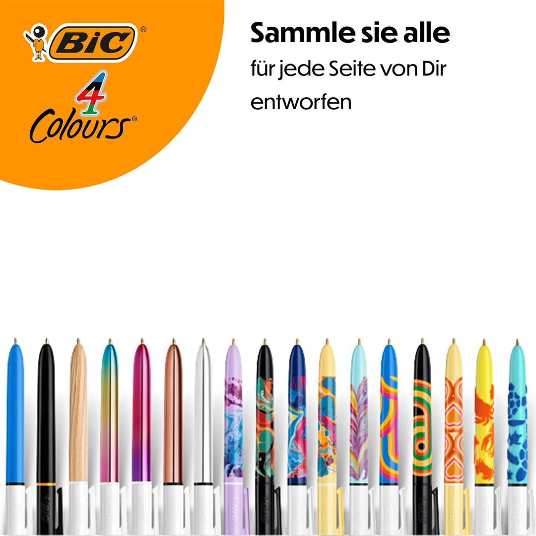 BIC 4 Farben Kugelschreiber Set 4 Colours Dekor Botanik, verschiedene Designs, 5er Pack, nachfüllbar