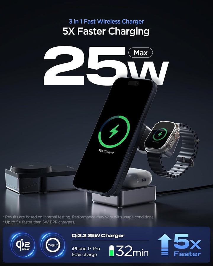 Spigen Essential Qi2.2 25W 3-in-1 MagSafe Ladestation [Inkl. 2 m USB-C Kabel] für iPhone 17/16 Pro M