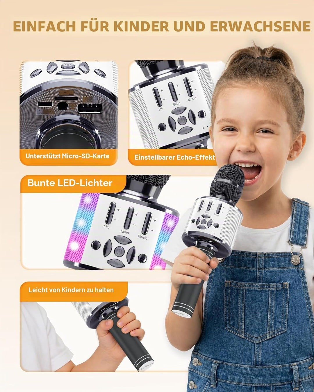 Karaoke Mikrofon mit Echo Effekt, BONAOK Mikro Kinder Karaoke, Home KTV Sing Microphone mit LED Lich