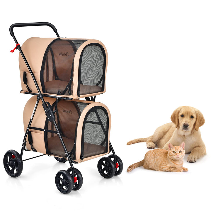 GOPLUS Doppeltschichtiger faltbarer Haustierwagen, 2-stufiger 3-in-1 Haustierwagen auf Rädern, 2 Bre