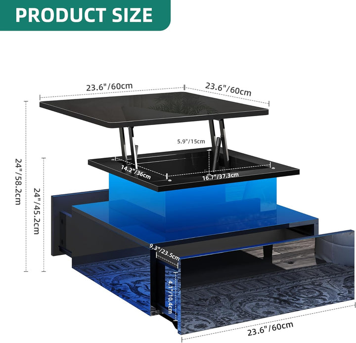 YITAHOME Couchtisch Höhenverstellbar mit LED Beleuchtung Modern, 60x60x45cm, Wohnzimmertisch Hochgla
