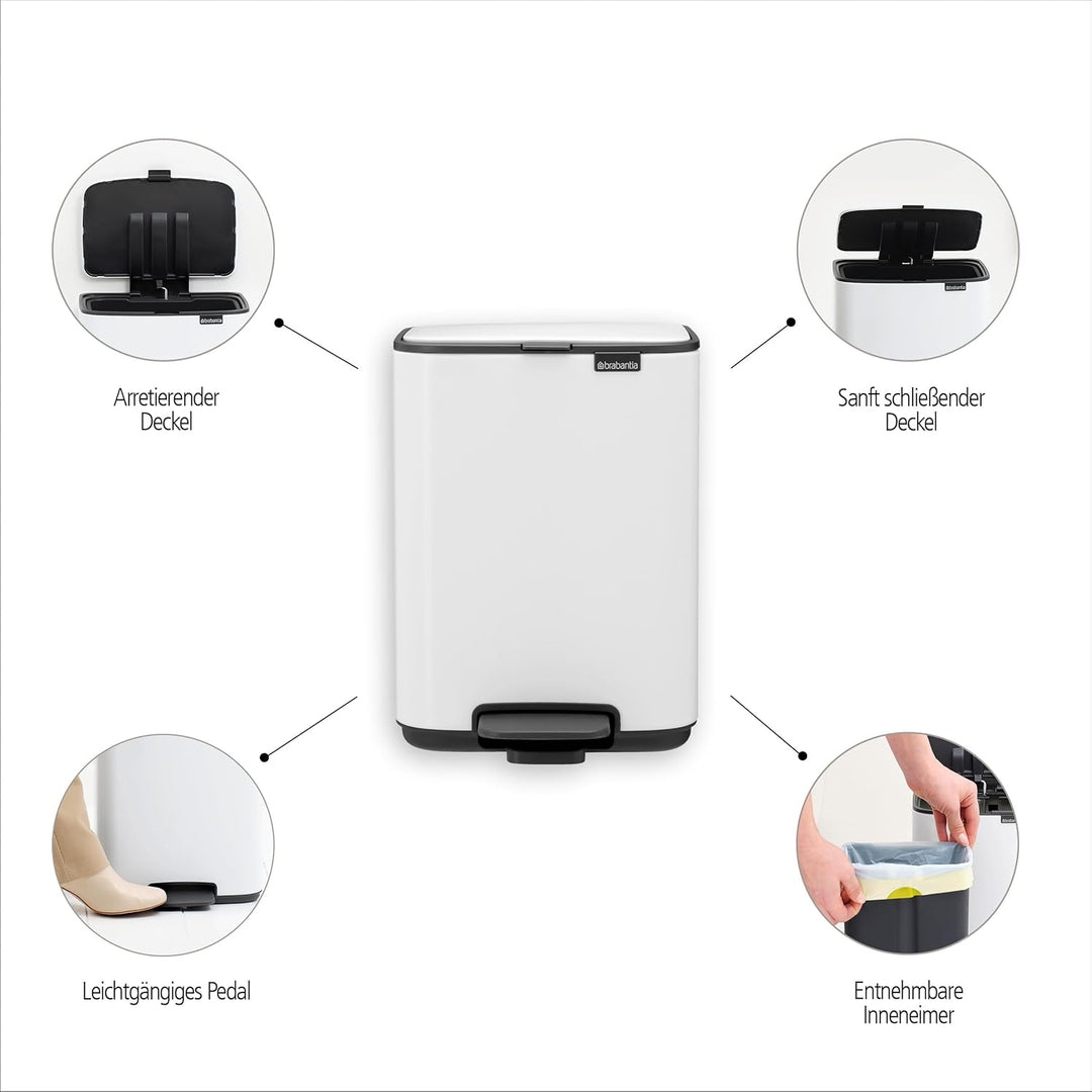 Brabantia Bo Treteimer 12 L (mattstahl), platzsparender Mini Mülleimer mit Soft-Close-Funktion und l