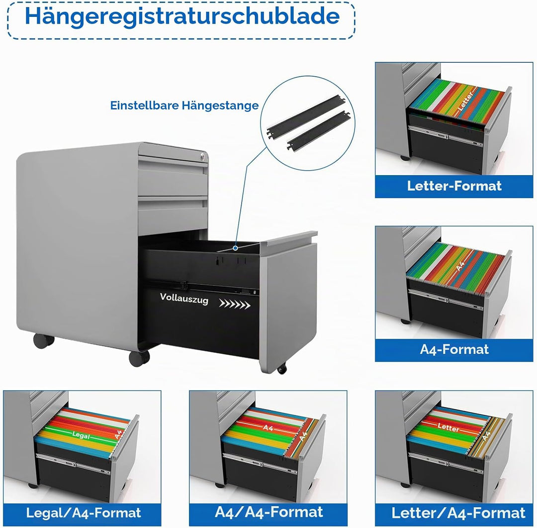 Dripex Metall Rollcontainer Stahl Rollcontainer mit 3 Schubladen oder 2 Schubladen, Abschliessbarer