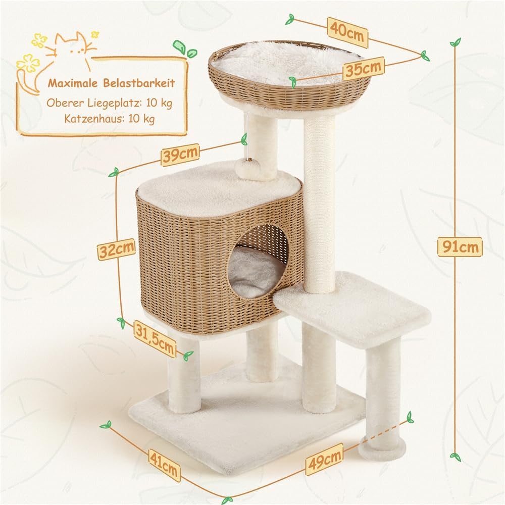 Yaheetech Kratzbaum Rattan Kletterbaum für grosse Katze bis 10 Kg, Stabiler Katzenbaum 91cm mit gros