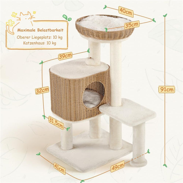Yaheetech Kratzbaum Rattan Kletterbaum für grosse Katze bis 10 Kg, Stabiler Katzenbaum 91cm mit gros