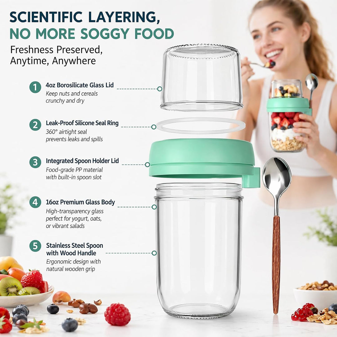 4er Müslibecher To Go mit Löffel, Overnight Oats Gläser, Joghurtbecher mit Doppelschicht-Design, Tro