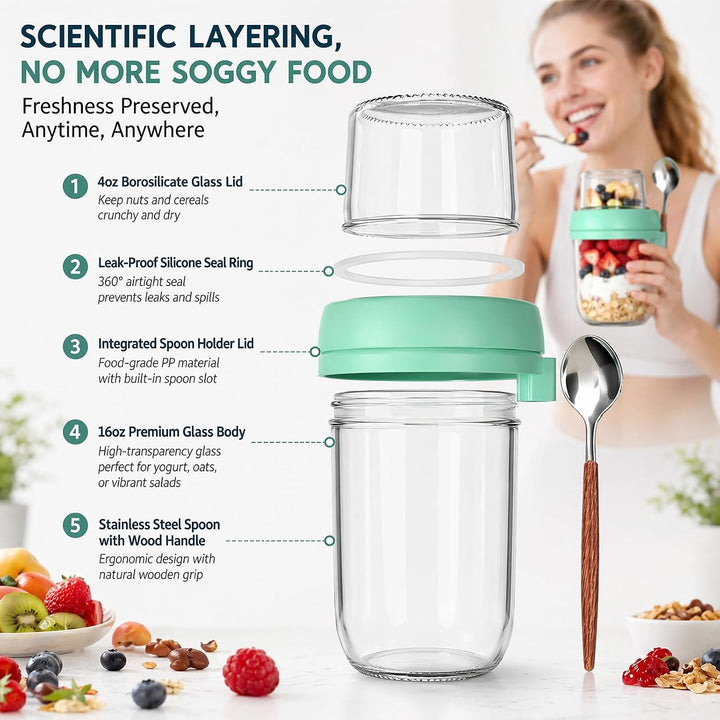 4er Müslibecher To Go mit Löffel, Overnight Oats Gläser, Joghurtbecher mit Doppelschicht-Design, Tro