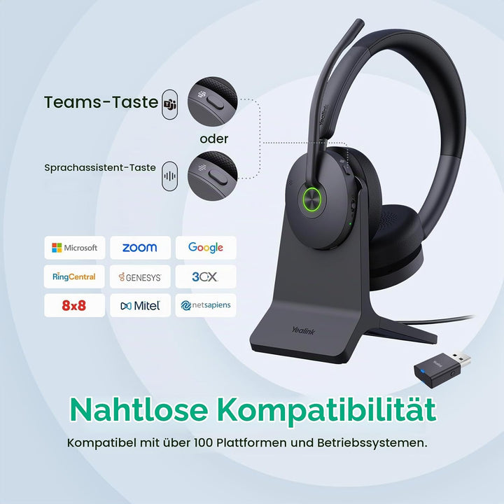 Yealink WH68 Hybrid mit Ladestation, DECT ANC Headset, kabelloses Bluetooth Headset mit DECT Dongle,