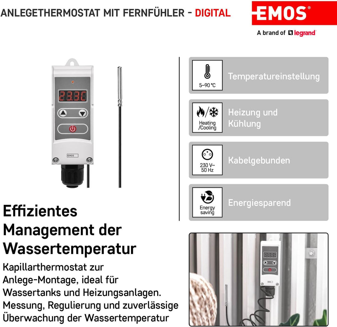 EMOS P5684 Anlegethermostat mit Fernfühler, einstellbarer Schaltempfindlichkeit und digitalem Displa