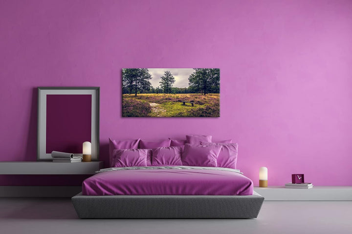 einsame Bank im Wald Panorama 60x30 cm als Leinwandbild, Motiv fertig gerahmt auf Echtholzrahmen, Ho