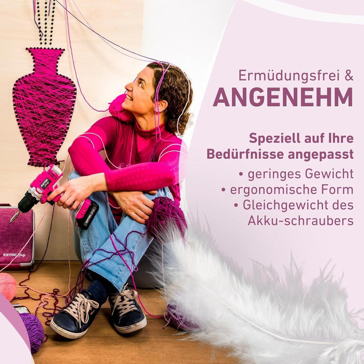 Extol Lady Akku Bohrschrauber Set 27-tlg. I 12V Li-Ion Frauen Akku-Schrauber Pink mit Schlagfunktion