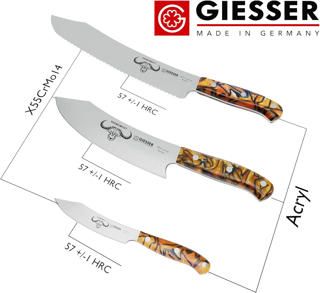 Giesser seit 1776 - Made in Germany - PremiumCut, Spicy Orange, Messerset 3 teilig, Kochmesser 20 cm