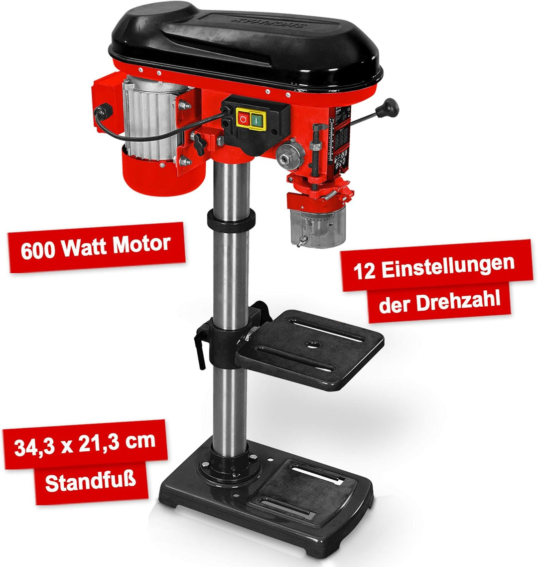 Hecht Profi Standbohrmaschine mit starken 600 Watt – 12-stufige Drehzahlregelung, schwenkbar- und hö