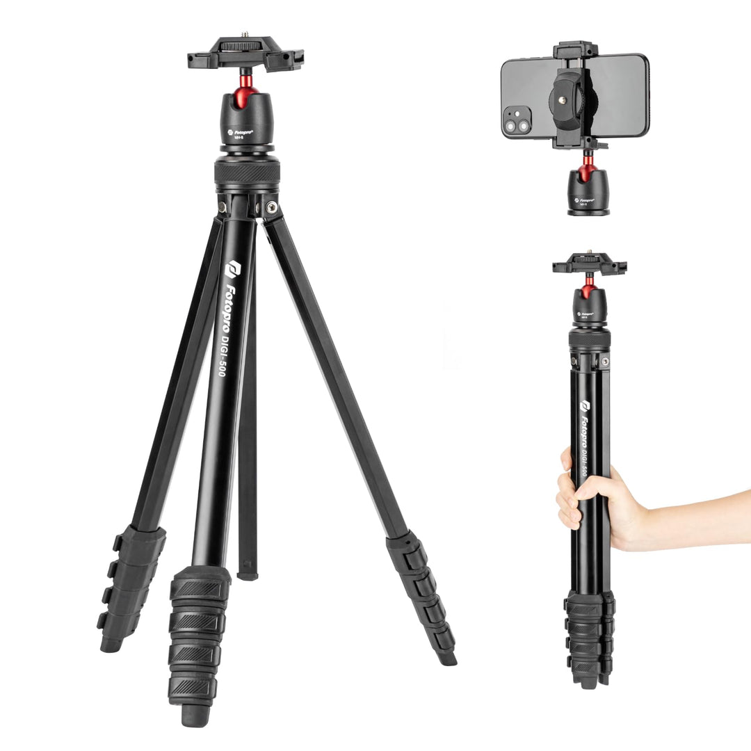 Fotopro 162 cm Kamerastativ, 2-in-1 kompaktes Handy-Stativ mit verstecktem Kaltschuh-Handyclip, trag
