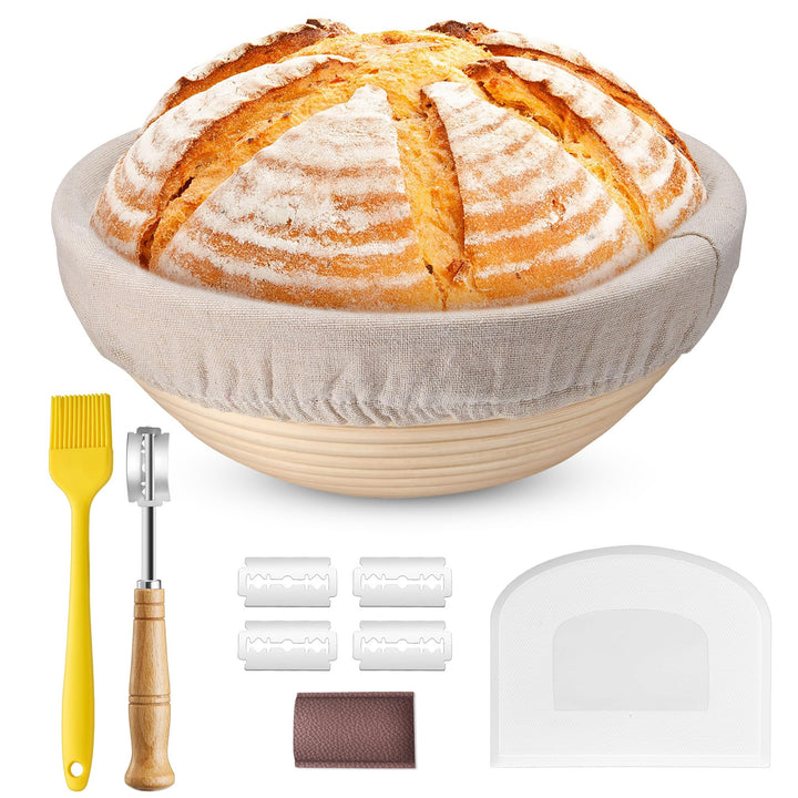 HaWare Gärkörbchen, 23cm Gärkorb Rund Brot Set mit Futter, Bäckermesser, Teigschaber und Backpinsel,