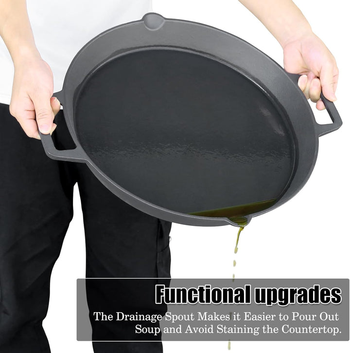 Denmay Ø 40cm Universal Gusseisen Grillpfanne, gross rund Gusspfanne mit zwei Griffe und zwei Ausgie
