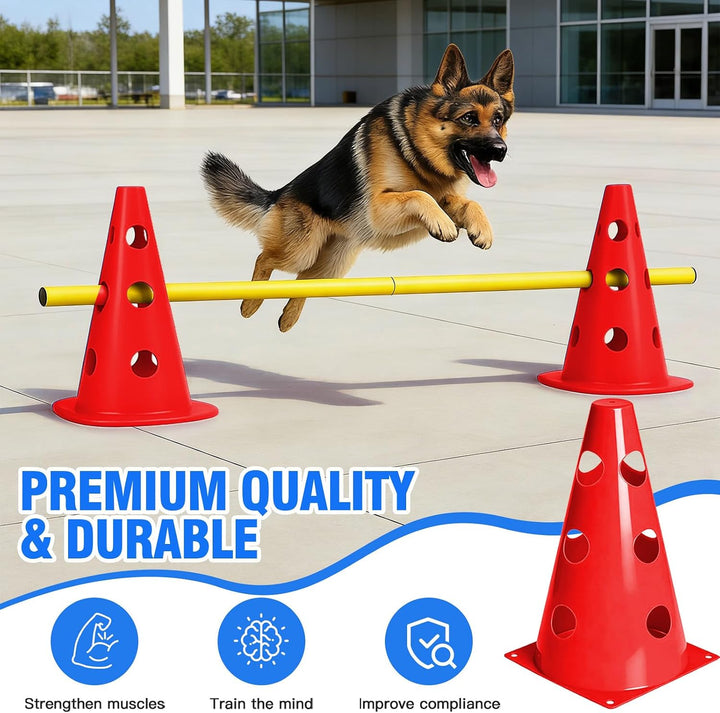 Agility Set Hunde – 10 Kegel + 5 Stangen, 23 cm Höhe, Cavaletti Hund für Koordinationstraining, Hund