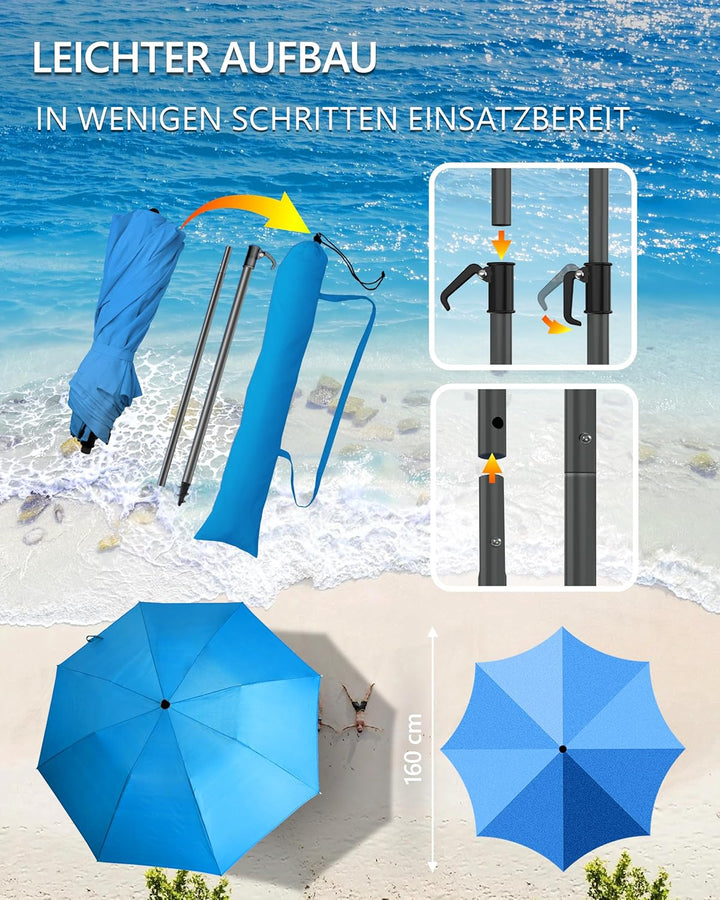 4smile Sonnenschirm Strand Ø 160 cm - UPF 50+ Praktischer Reise Sonnenschirm für Koffer - Funktionel
