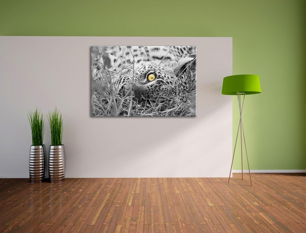 aufmerksamer liegender Leopard schwarz/weiss Format: 100x70 auf Leinwand, XXL riesige Bilder fertig