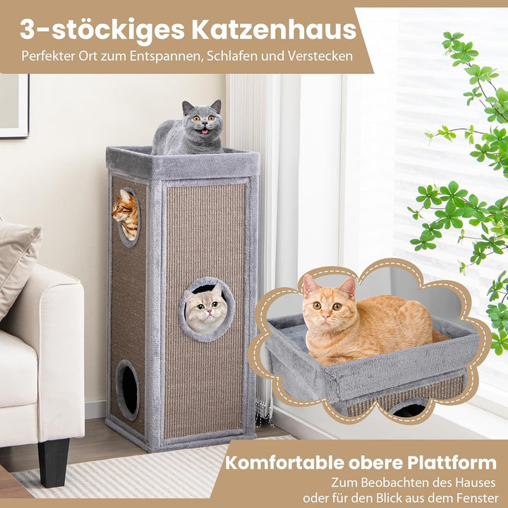 GYMAX Kratztonne 40 x 40 x 99 cm, 4-stöckige Katzentonne mit 3 Höhlen, abnehmbare Plüschkissen &amp; 2 K