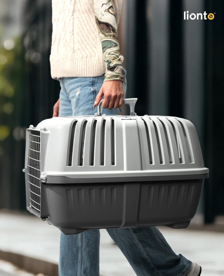 lionto Hundetransportbox aus Kunststoff mit Metallgitter, 58,5x35,5x40 cm, Transportbox mit praktisc