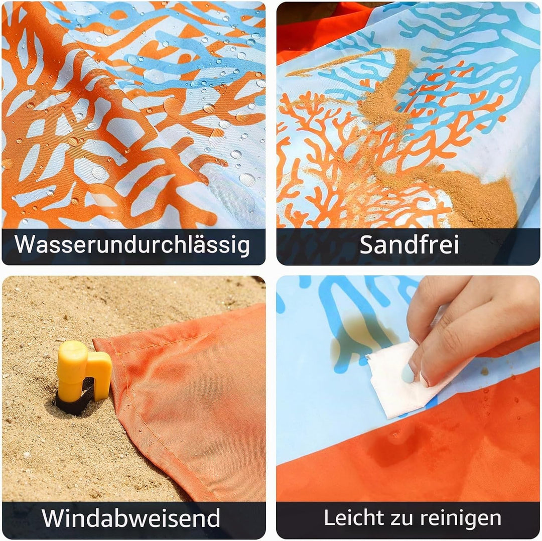 NewDoar 200 x 210 cm Stranddecke Sanddicht Extra Grosse Strandmatte mit 2 Taschen Picknickdecke wass