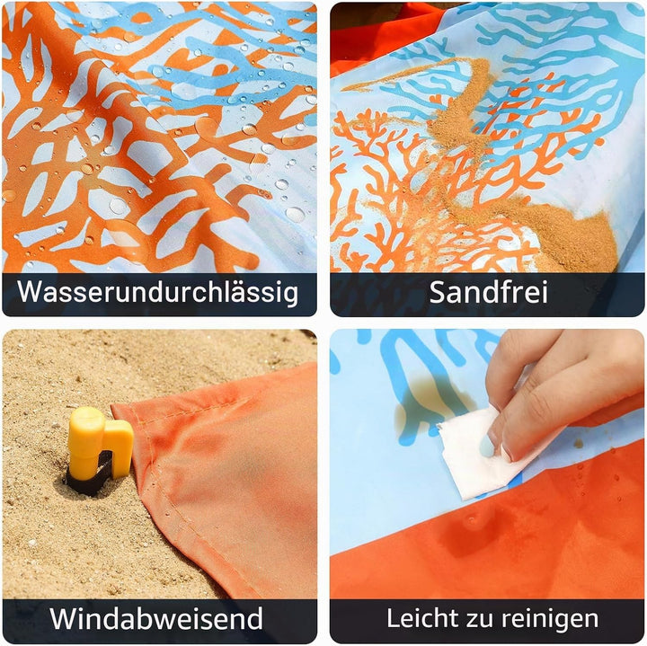 NewDoar 200 x 210 cm Stranddecke Sanddicht Extra Grosse Strandmatte mit 2 Taschen Picknickdecke wass