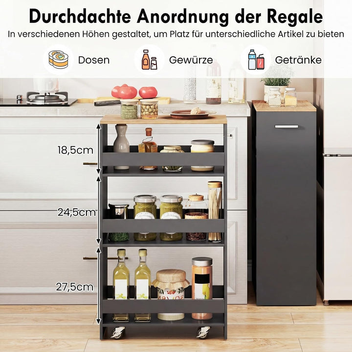 COSTWAY Nischenwagen 25cm breit, 4 Etagen Küchenwagen schmal, Nischenregal auf Rollen, Servierwagen