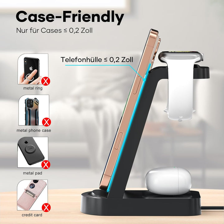 Kabellose Ladestation,3 in 1 Ladestation Kabelloses Ladegerät(Mit 18W Adapter) Wireless Charger komp