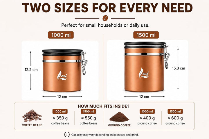 Leaf Kaffeedose luftdicht Edelstahl 1000 ml – hält Kaffee deutlich länger frisch – mit CO₂ Ventil &