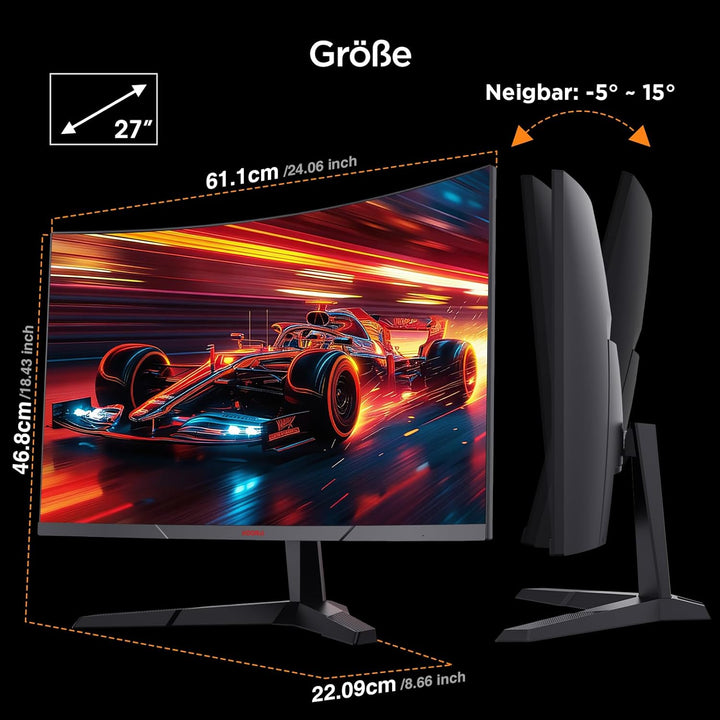 KOORUI Gaming Monitor 27 Zoll, 1800R Gebogene Oberfläche, 2560X1440 (QHD) Bildschirm, 144 Hz 1 ms, D