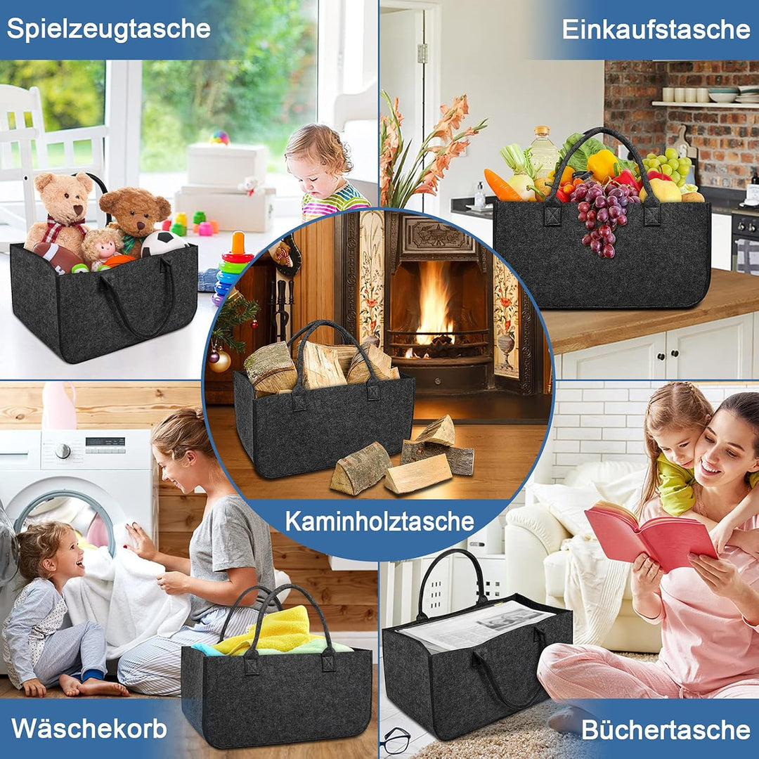 FIVMEN 4 Stück Filztasche Faltbar Filzkorb Holzkorb mit Griffen Kaminholzkorb Brennholzkorb Shopper