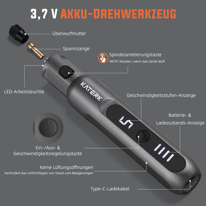 Katerk Mini Akku Multifunktionswerkzeug,5 Gang Rotationswerkzeug Set,5000-20000 U/min & 70 Zubehörte