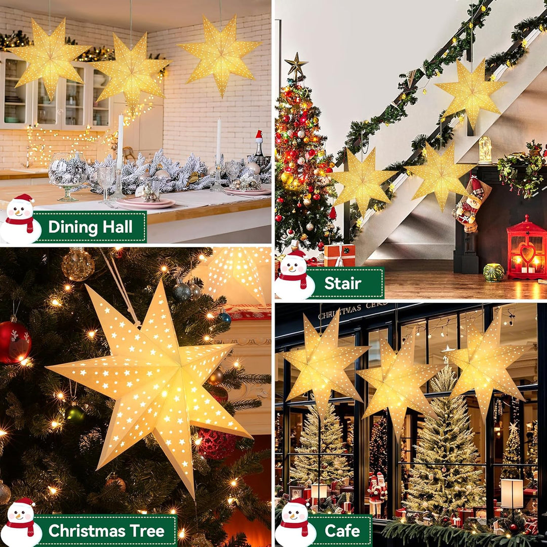 Lewondr Weihnachts Papierstern Laterne 3PCS, Hängende 7-Zackige Sternenlichter mit Ausgeschnittenen
